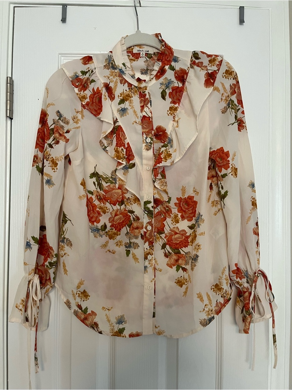 bleuh ciel Cream Floral Ruffle Button-Down Blouse with Rust Blooms